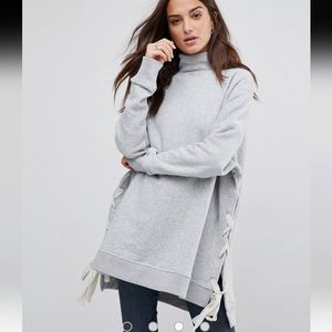 Free People So Plush Lace Up Side Oversize Pullover Sweater Light Grey Sz S